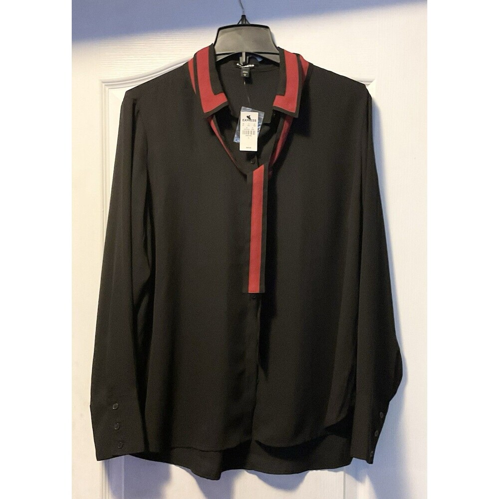 Express Women’s Shirt with Removable Tie Neck  Sash Large, Black/Red NWT